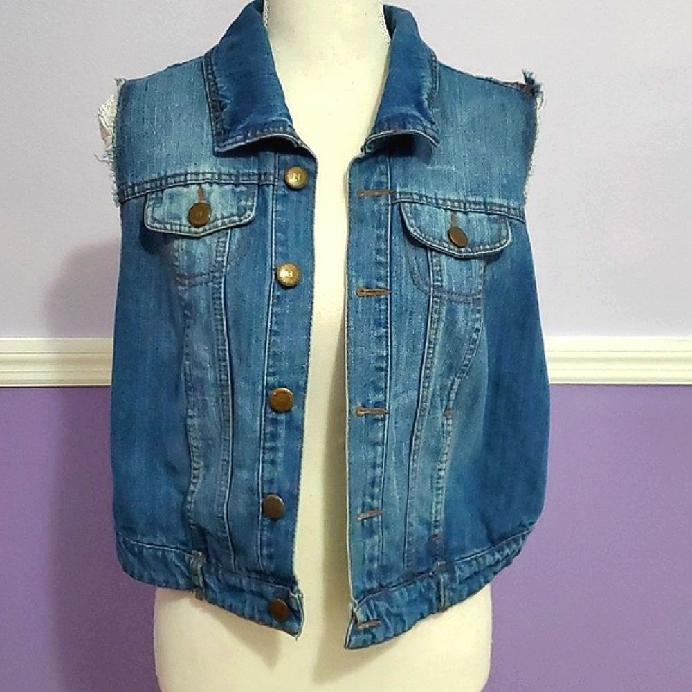 Highway Jeans Retro 90s Medium Wash Distressed Sleeveless Jean Jacket Vest 1X